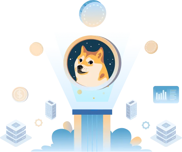 Shina Iba Dog. Tan and white. Fuzzy with big eyes. With a space background printed onto a coin. The coin is coming out of a tower and has other coins surrounding it.